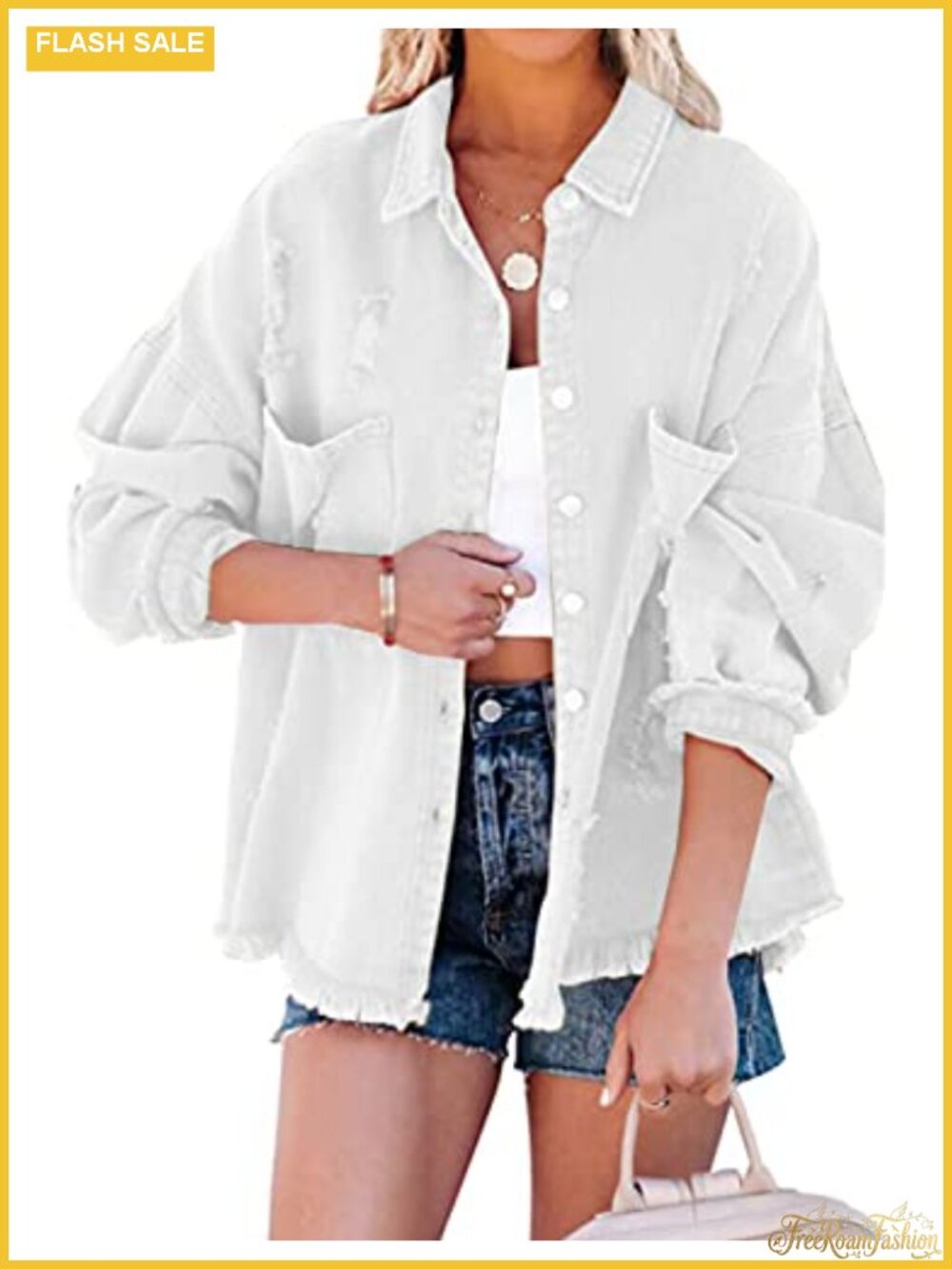 Oversized Distressed Fringe Denim Jean Jacket Shacket